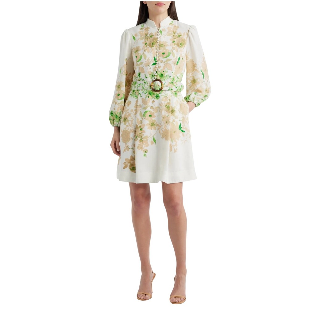 Tahari ASL Ivory Fern Border Print Button Front Fit & Flare Dress Floral Sz 12